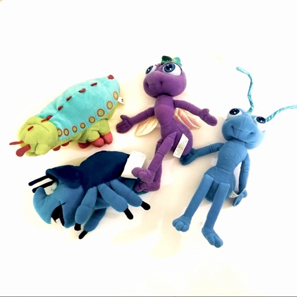 SOLD OUT ———- A BUGS LIFE 4 VTG Dolls Flik Atta Dim Heimlich MBBP Plush Disney